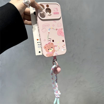 Pastel Color Large Window Lens Frame Phone Case, Cartoon Bow White Hello Kitty & Brown Bear Pattern, Free Matching Pom-pom Bead Lanyard For Iphone