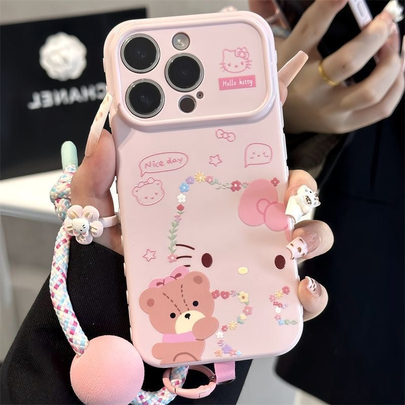 Pastel Color Large Window Lens Frame Phone Case, Cartoon Bow White Hello Kitty & Brown Bear Pattern, Free Matching Pom-pom Bead Lanyard For Iphone