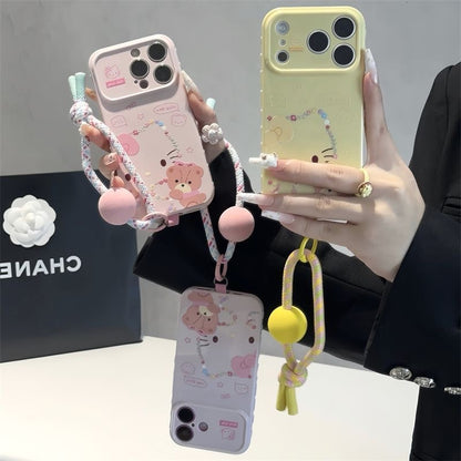 Pastel Color Large Window Lens Frame Phone Case, Cartoon Bow White Hello Kitty & Brown Bear Pattern, Free Matching Pom-pom Bead Lanyard For Iphone