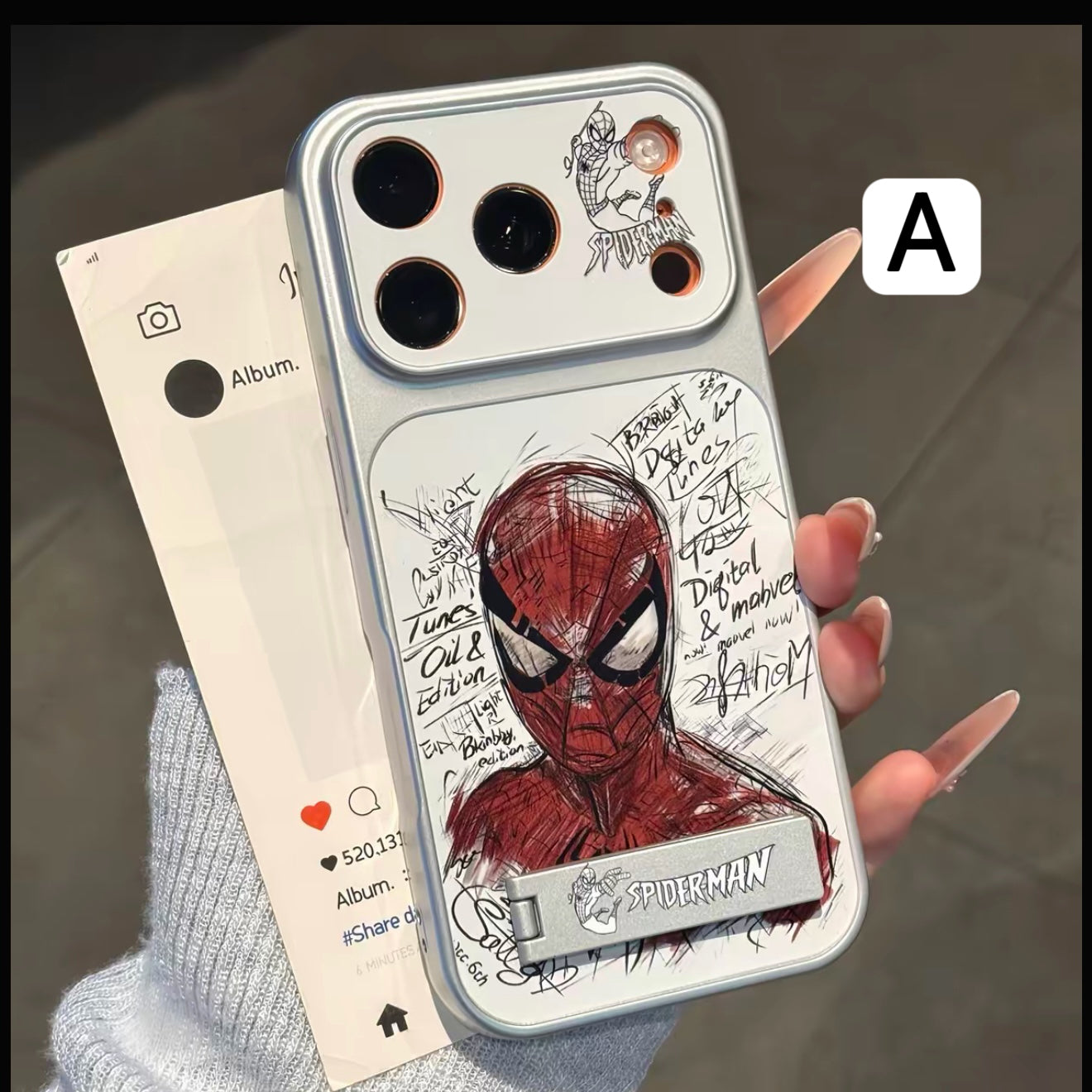 Graffiti Street SuperHero Spiderman Sketch Printed Phone Case, Built-in Foldable Metal Kickstand