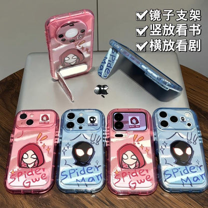 Cute Cartoon SuperHero Spiderman SpiderGwen Face Print Transparent Shockproof Phone Case Built-in Hidden Kickstand Anti-Drop Protective Cover