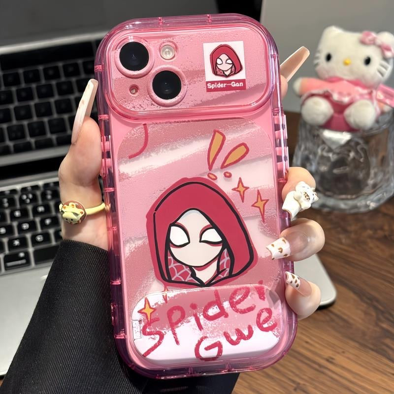 Cute Cartoon SuperHero Spiderman SpiderGwen Face Print Transparent Shockproof Phone Case Built-in Hidden Kickstand Anti-Drop Protective Cover