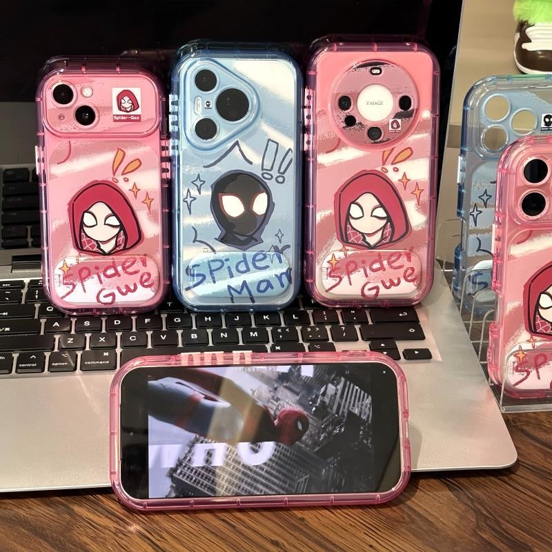 Cute Cartoon SuperHero Spiderman SpiderGwen Face Print Transparent Shockproof Phone Case Built-in Hidden Kickstand Anti-Drop Protective Cover