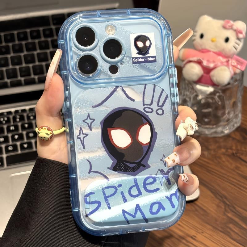 Cute Cartoon SuperHero Spiderman SpiderGwen Face Print Transparent Shockproof Phone Case Built-in Hidden Kickstand Anti-Drop Protective Cover