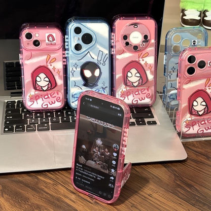 Cute Cartoon SuperHero Spiderman SpiderGwen Face Print Transparent Shockproof Phone Case Built-in Hidden Kickstand Anti-Drop Protective Cover