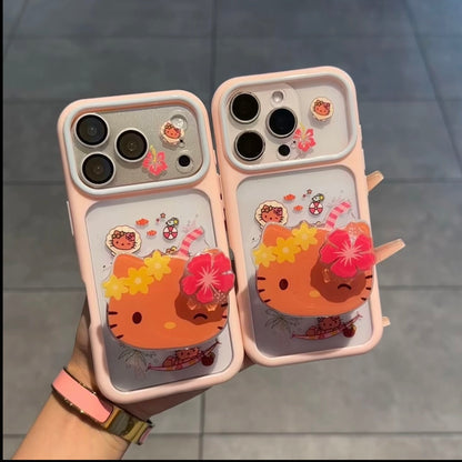 Tropical Flower Cartoon Hello Kitty Print Phone Case, 3D Raised Decor, Big Lens Window Frame Shockproof Soft Silicone Phone Cover