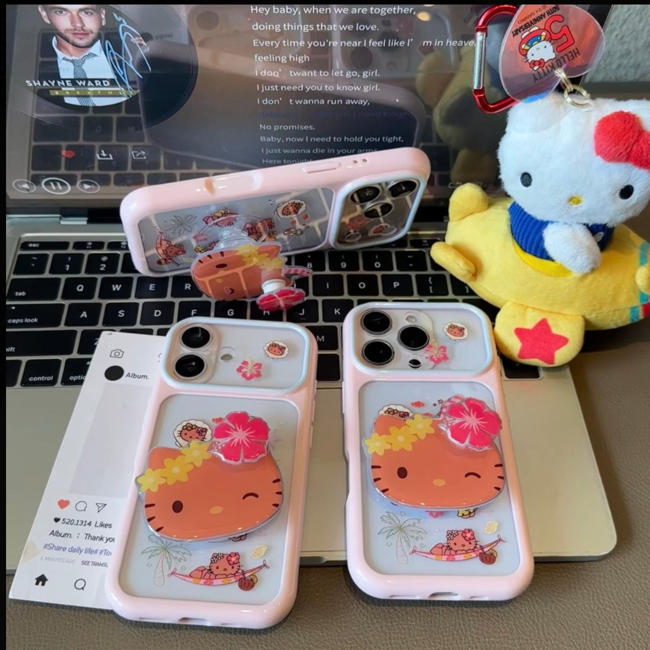 Tropical Flower Cartoon Hello Kitty Print Phone Case, 3D Raised Decor, Big Lens Window Frame Shockproof Soft Silicone Phone Cover