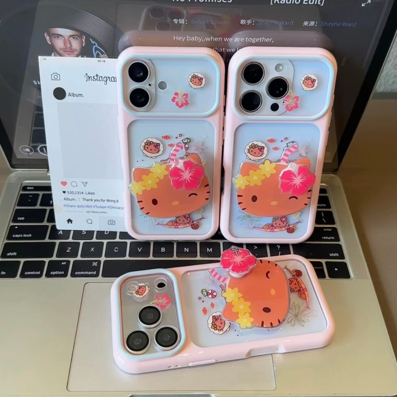 Tropical Flower Cartoon Hello Kitty Print Phone Case, 3D Raised Decor, Big Lens Window Frame Shockproof Soft Silicone Phone Cover