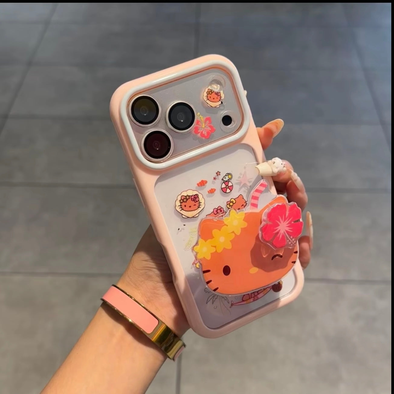 Tropical Flower Cartoon Hello Kitty Print Phone Case, 3D Raised Decor, Big Lens Window Frame Shockproof Soft Silicone Phone Cover