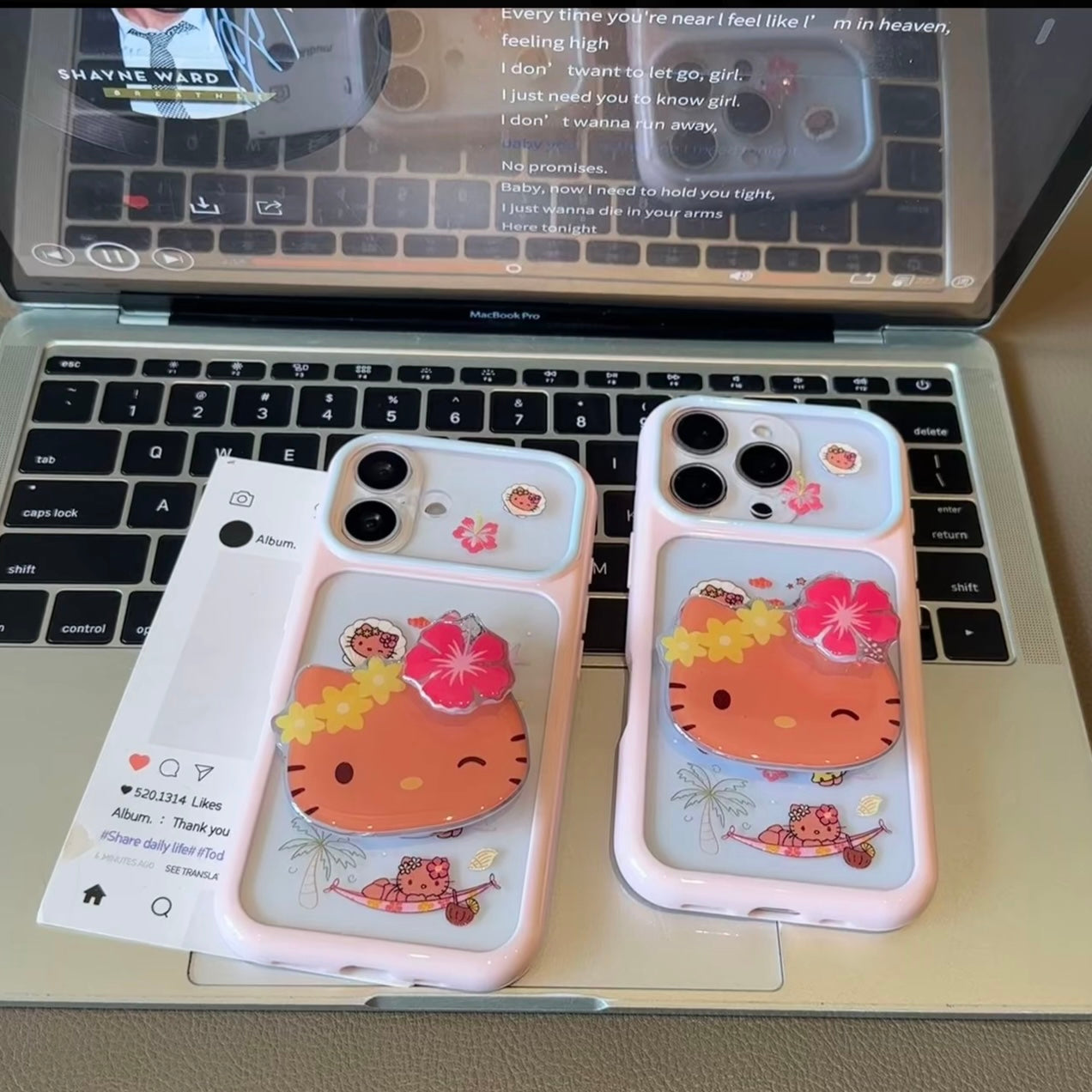Tropical Flower Cartoon Hello Kitty Print Phone Case, 3D Raised Decor, Big Lens Window Frame Shockproof Soft Silicone Phone Cover