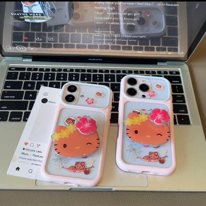 Tropical Flower Cartoon Hello Kitty Print Phone Case, 3D Raised Decor, Big Lens Window Frame Shockproof Soft Silicone Phone Cover