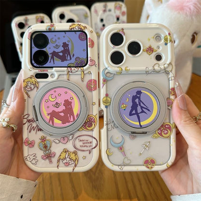 Cute Anime Girl Sailor Moon Pattern Phone Case, Hidden Magnetic Ring Holder, Large Lens Window Shockproof Clear Cover
