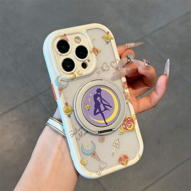 Cute Anime Girl Sailor Moon Pattern Phone Case, Hidden Magnetic Ring Holder, Large Lens Window Shockproof Clear Cover