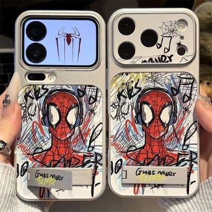 Graffiti Comic SuperHero Spiderman Earphone Pattern Flip Full Lens Protection Phone Case with Hidden Foldable Kickstand for iPhone