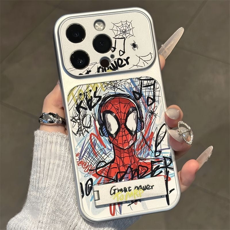 Graffiti Comic SuperHero Spiderman Earphone Pattern Flip Full Lens Protection Phone Case with Hidden Foldable Kickstand for iPhone