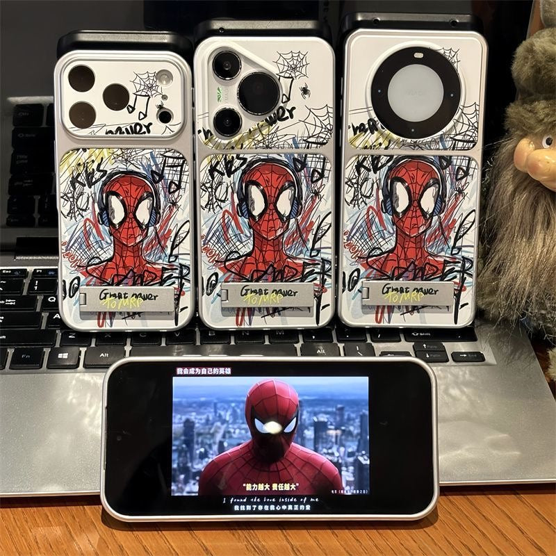 Graffiti Comic SuperHero Spiderman Earphone Pattern Flip Full Lens Protection Phone Case with Hidden Foldable Kickstand for iPhone