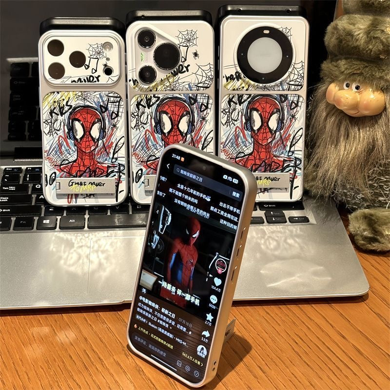 Graffiti Comic SuperHero Spiderman Earphone Pattern Flip Full Lens Protection Phone Case with Hidden Foldable Kickstand for iPhone