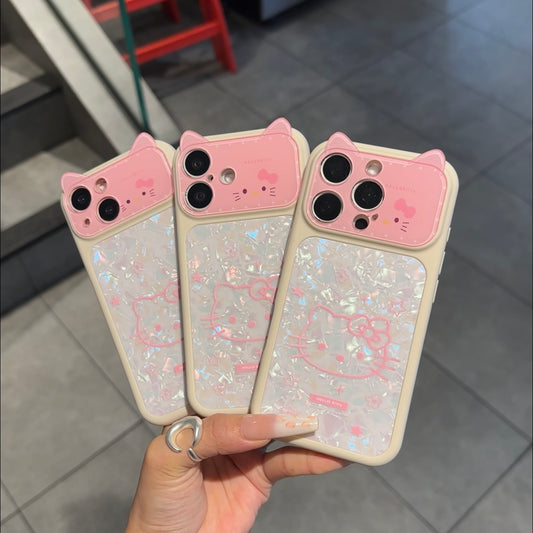Cute 3D Cat Ear Hello Kitty Phone Case Glitter Shell Pattern Lens Flip Protective Cover For iPhone 15 14 13 12 Pro Max Shockproof Soft Silicone Case
