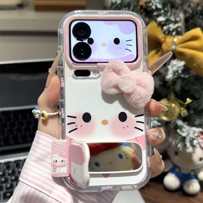 Kawaii 3D Fluffy Pink Bow Hello Kitty Phone Case With Foldable Wrist Strap, Cute Cartoon Mirror Camera Lens Protective Clear Phone Cover For iPhone