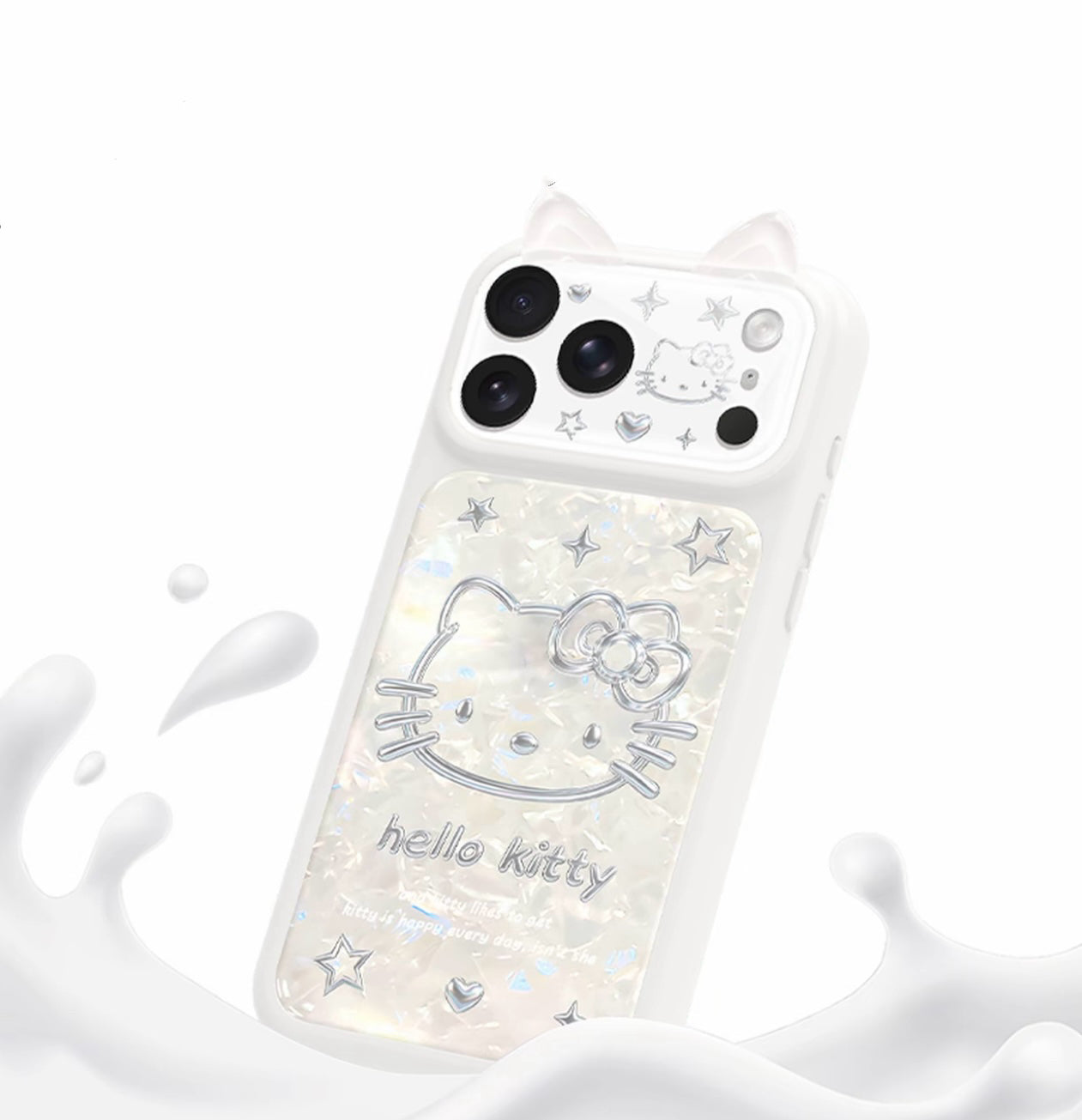 Y2K Aesthetic  Hello Kitty Phone Case with 3D Cat Ears - Shimmer Shell Texture Protective Case
