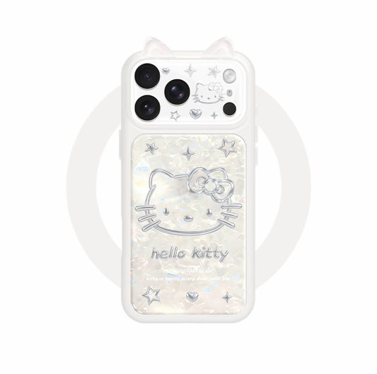 Y2K Aesthetic  Hello Kitty Phone Case with 3D Cat Ears - Shimmer Shell Texture Protective Case