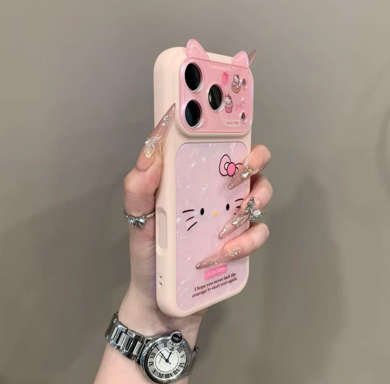 Pink Hello Kitty Phone Case with 3D Cat Ears & Shimmer Shell Pattern - Kawaii Aesthetic Protective Cover
