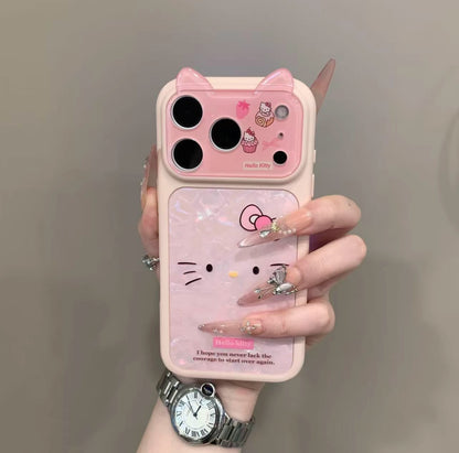 Pink Hello Kitty Phone Case with 3D Cat Ears & Shimmer Shell Pattern - Kawaii Aesthetic Protective Cover