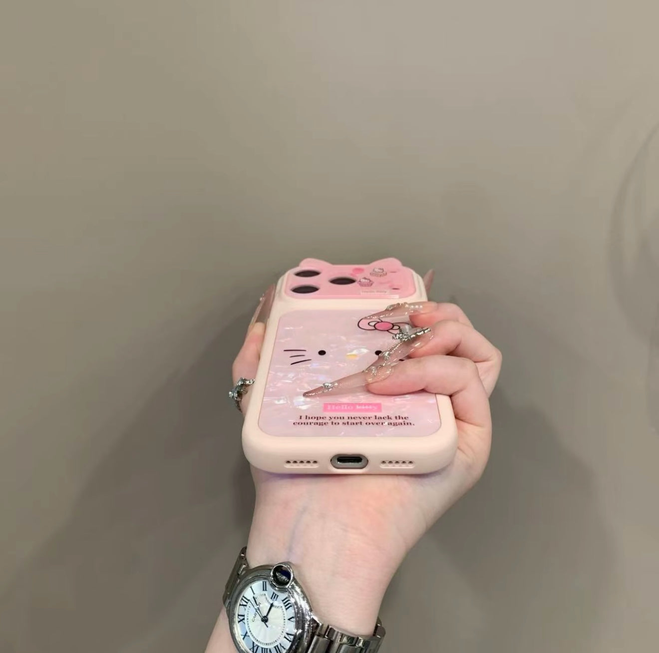 Pink Hello Kitty Phone Case with 3D Cat Ears & Shimmer Shell Pattern - Kawaii Aesthetic Protective Cover