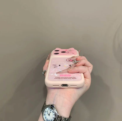Pink Hello Kitty Phone Case with 3D Cat Ears & Shimmer Shell Pattern - Kawaii Aesthetic Protective Cover