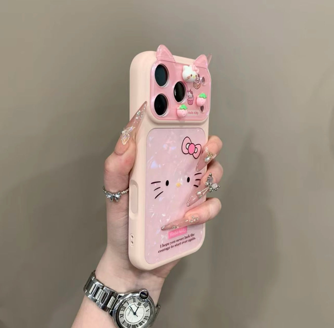 Pink Hello Kitty Phone Case with 3D Cat Ears & Shimmer Shell Pattern - Kawaii Aesthetic Protective Cover