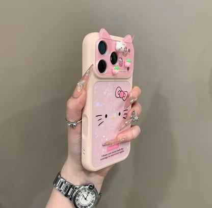 Pink Hello Kitty Phone Case with 3D Cat Ears & Shimmer Shell Pattern - Kawaii Aesthetic Protective Cover