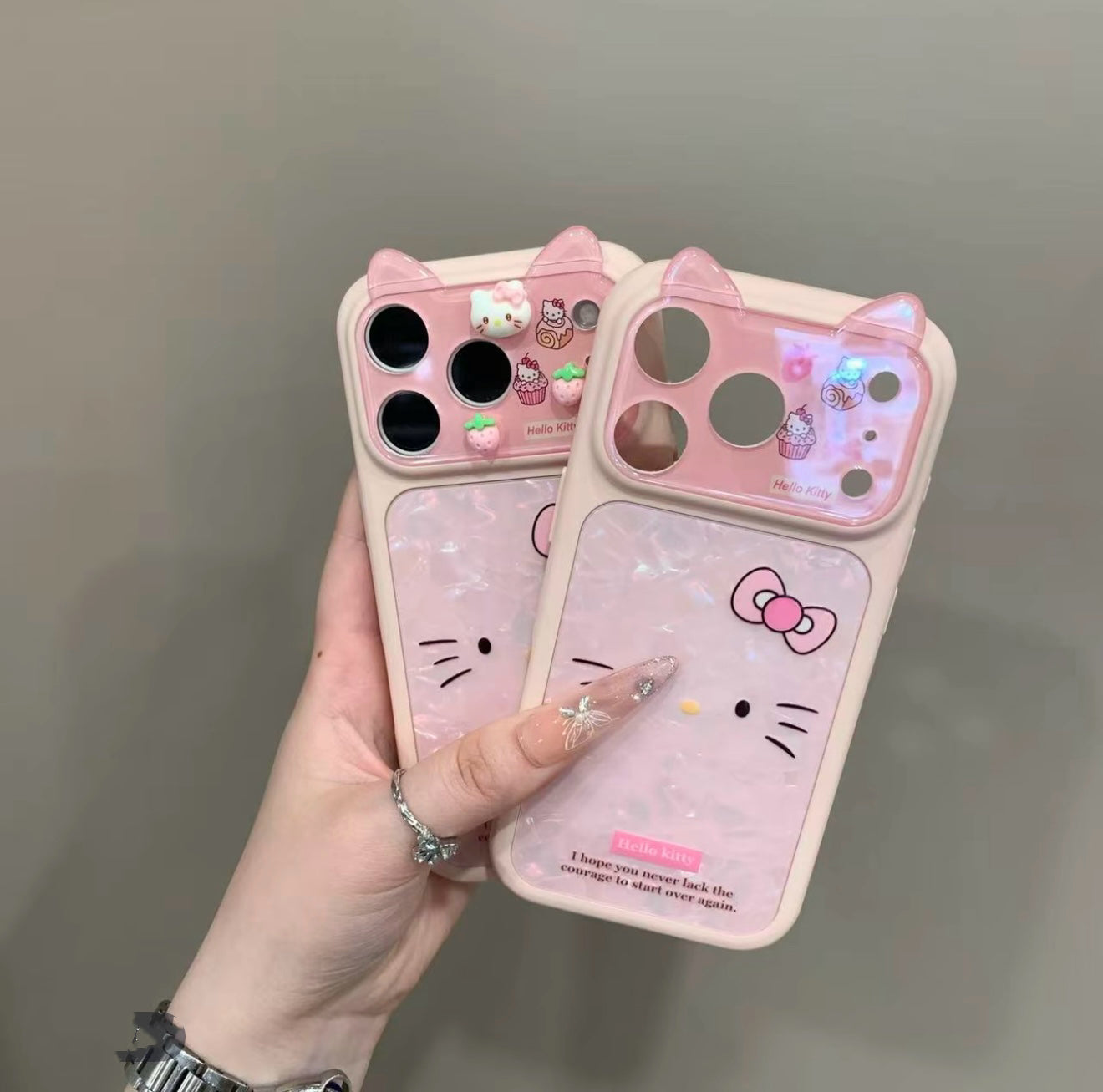 Pink Hello Kitty Phone Case with 3D Cat Ears & Shimmer Shell Pattern - Kawaii Aesthetic Protective Cover