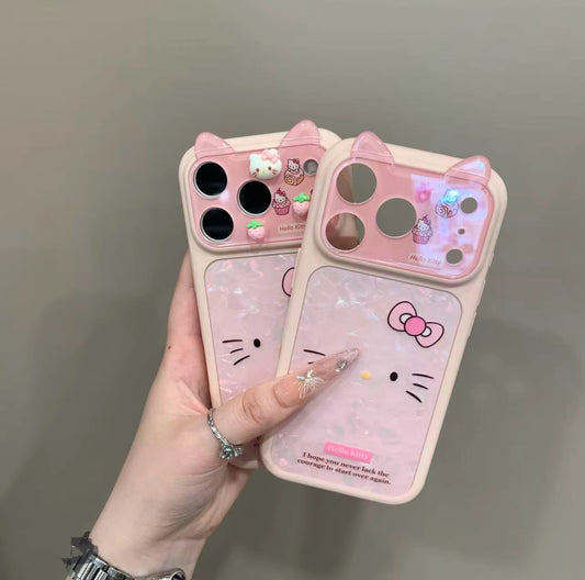 Pink Hello Kitty Phone Case with 3D Cat Ears & Shimmer Shell Pattern - Kawaii Aesthetic Protective Cover