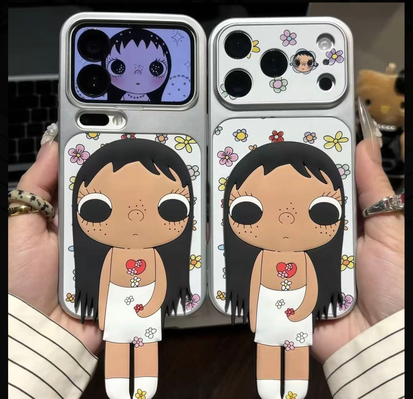 Kawaii Aesthetic 3D Cartoon Girl Phone Case with Floral Print & Foldable Kickstand