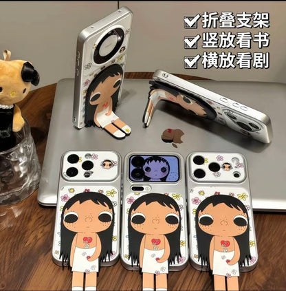 Kawaii Aesthetic 3D Cartoon Girl Phone Case with Floral Print & Foldable Kickstand