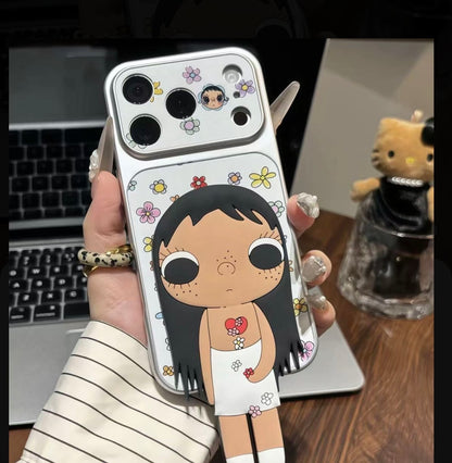 Kawaii Aesthetic 3D Cartoon Girl Phone Case with Floral Print & Foldable Kickstand