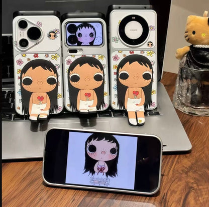 Kawaii Aesthetic 3D Cartoon Girl Phone Case with Floral Print & Foldable Kickstand