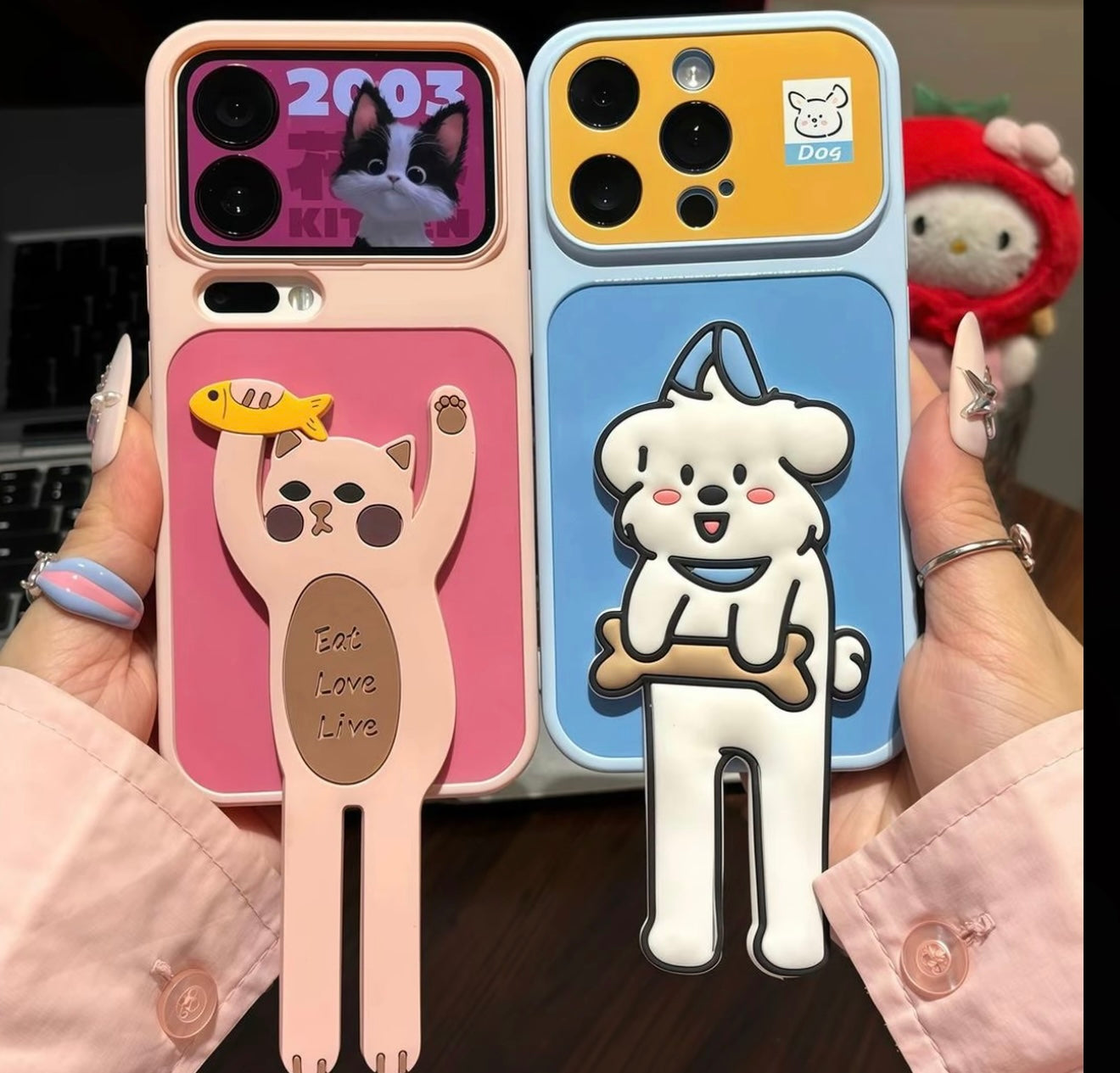 Cute 3D Cartoon Character Foldable Kickstand Phone Case, Hello Kitty / Cat / White Dog / Big Eyes Girl Stereo Figure Stand Shockproof Protective Cover For iPhone