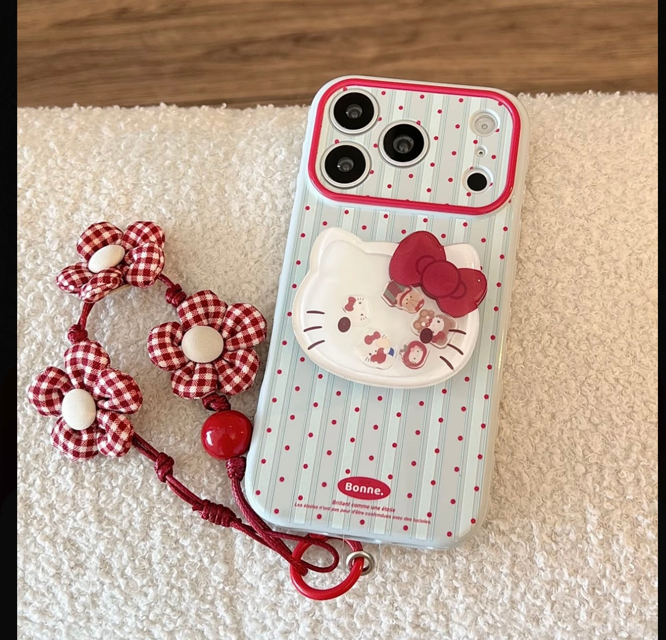 Hello Kitty Polka Dot Stripe Phone Case with Pop Stand & Plaid Flower Wrist Lanyard, Cute Shockproof Protective Cover with Full Camera Protection for iPhone