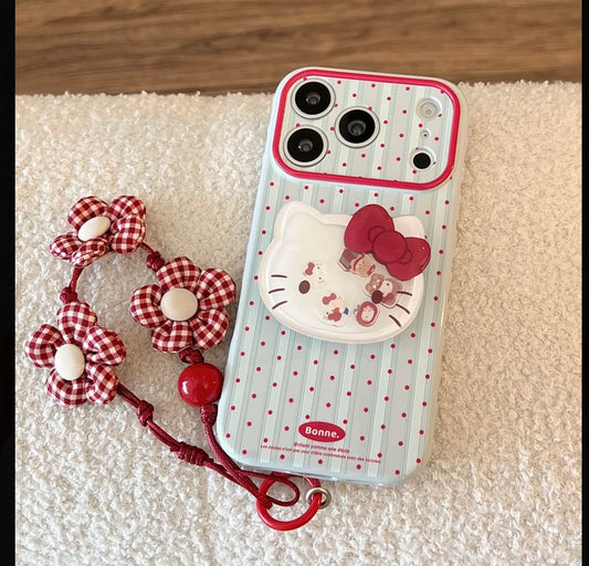 Hello Kitty Polka Dot Stripe Phone Case with Pop Stand & Plaid Flower Wrist Lanyard, Cute Shockproof Protective Cover with Full Camera Protection for iPhone