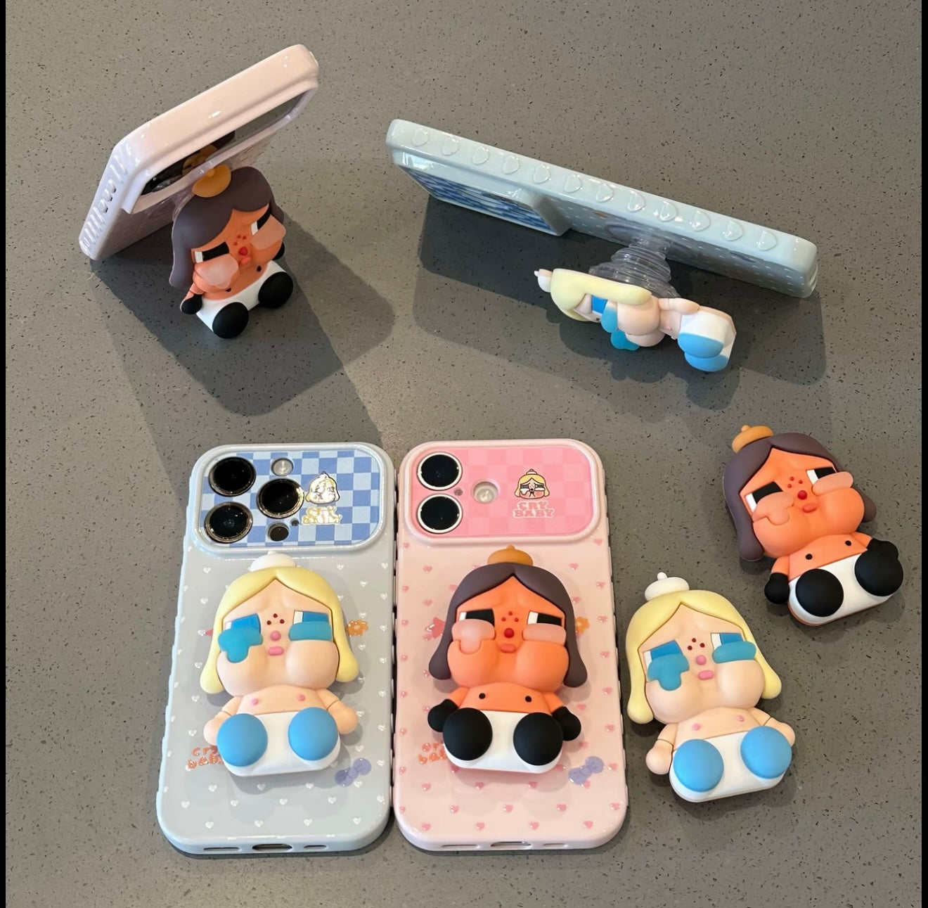 Pop Mart Crybaby 3D Stereo Doll Stand Phone Case Pastel Heart Check Graffiti Shockproof Protective Cover For iPhone  Huawei Foldable Flip Phones