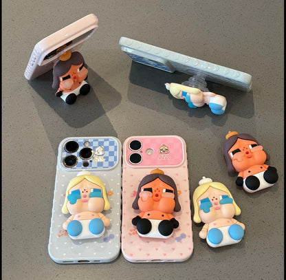 Pop Mart Crybaby 3D Stereo Doll Stand Phone Case Pastel Heart Check Graffiti Shockproof Protective Cover For iPhone  Huawei Foldable Flip Phones